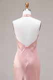 Dark Pink Mermaid Satin Halter Neck Backless Midi Dress with Bow