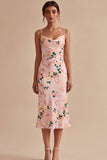Pink Mermaid Floral Spaghetti Straps Midi Dress