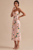 Pink Mermaid Floral Spaghetti Straps Midi Dress