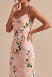Pink Mermaid Floral Spaghetti Straps Midi Dress
