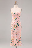 Pink Mermaid Floral Spaghetti Straps Midi Dress