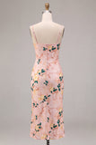 Pink Mermaid Floral Spaghetti Straps Midi Dress