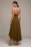 Chiffon Olive A-Line Halter Neck Midi Dress with Ruffles