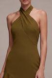 Chiffon Olive A-Line Halter Neck Midi Dress with Ruffles