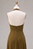 Chiffon Olive A-Line Halter Neck Midi Dress with Ruffles