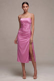 Fuchsia Satin Ruched Mermaid Spaghetti Straps Midi Dress with Slit