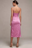Fuchsia Satin Ruched Mermaid Spaghetti Straps Midi Dress with Slit
