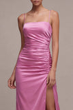 Fuchsia Satin Ruched Mermaid Spaghetti Straps Midi Dress with Slit