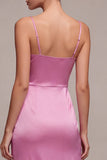Fuchsia Satin Ruched Mermaid Spaghetti Straps Midi Dress with Slit
