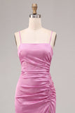 Fuchsia Satin Ruched Mermaid Spaghetti Straps Midi Dress with Slit