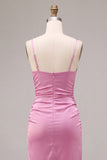 Fuchsia Satin Ruched Mermaid Spaghetti Straps Midi Dress with Slit