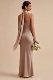 Mermaid Dusty Rose Satin Spaghetti Straps Maxi Dress with Neck Scarf