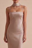 Mermaid Dusty Rose Satin Spaghetti Straps Maxi Dress with Neck Scarf