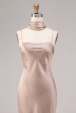 Mermaid Dusty Rose Satin Spaghetti Straps Maxi Dress with Neck Scarf