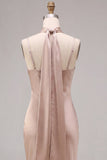 Mermaid Dusty Rose Satin Spaghetti Straps Maxi Dress with Neck Scarf