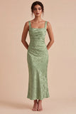 Mermaid Light Green Square Neck Ruched Printed Floral Midi Dress