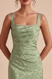 Mermaid Light Green Square Neck Ruched Printed Floral Midi Dress