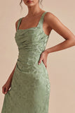 Mermaid Light Green Square Neck Ruched Printed Floral Midi Dress