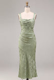 Mermaid Light Green Square Neck Ruched Printed Floral Midi Dress