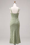 Mermaid Light Green Square Neck Ruched Printed Floral Midi Dress