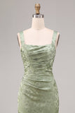 Mermaid Light Green Square Neck Ruched Printed Floral Midi Dress