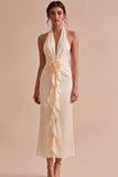 Chiffon Apricot Mermaid Halter Neck Ruched Ruffled Midi Dress with 3D Flower