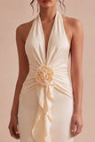 Chiffon Apricot Mermaid Halter Neck Ruched Ruffled Midi Dress with 3D Flower