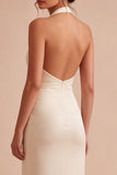 Chiffon Apricot Mermaid Halter Neck Ruched Ruffled Midi Dress with 3D Flower