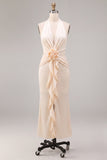Chiffon Apricot Mermaid Halter Neck Ruched Ruffled Midi Dress with 3D Flower