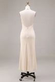 Chiffon Apricot Mermaid Halter Neck Ruched Ruffled Midi Dress with 3D Flower