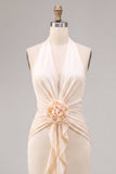 Chiffon Apricot Mermaid Halter Neck Ruched Ruffled Midi Dress with 3D Flower