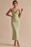 Light Green Cowl Neck Mermaid Satin Midi Dress