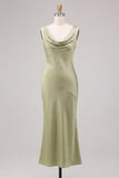 Light Green Cowl Neck Mermaid Satin Midi Dress