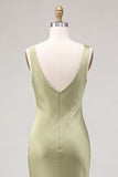 Light Green Cowl Neck Mermaid Satin Midi Dress