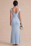 Sky Blue Mermaid Ruched Cowl Neck Maxi Dress