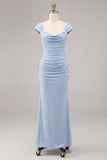 Sky Blue Mermaid Ruched Cowl Neck Maxi Dress