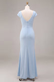 Sky Blue Mermaid Ruched Cowl Neck Maxi Dress