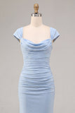 Sky Blue Mermaid Ruched Cowl Neck Maxi Dress