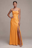 Light Yellow Satin Spaghetti Straps Mermaid Ruched Maxi Dress with Slit