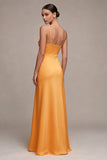 Light Yellow Satin Spaghetti Straps Mermaid Ruched Maxi Dress with Slit
