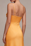 Light Yellow Satin Spaghetti Straps Mermaid Ruched Maxi Dress with Slit