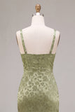 Light Green Satin Bodycon Ruched Midi Floral Dress with Slit