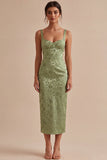 Light Green Satin Bodycon Ruched Midi Floral Dress with Slit