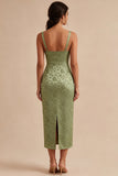 Light Green Satin Bodycon Ruched Midi Floral Dress with Slit