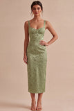 Light Green Satin Bodycon Ruched Midi Floral Dress with Slit