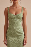 Light Green Satin Bodycon Ruched Midi Floral Dress with Slit