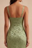 Light Green Satin Bodycon Ruched Midi Floral Dress with Slit