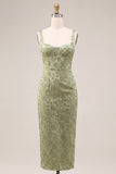 Light Green Satin Bodycon Ruched Midi Floral Dress with Slit