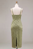 Light Green Satin Bodycon Ruched Midi Floral Dress with Slit