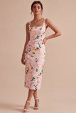 Bodycon Pink Square Neck Midi Floral Dress with Slit